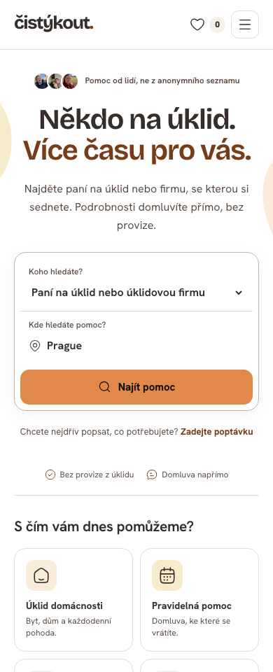 Mobile version of the Čistý kout redesigned homepage and search
