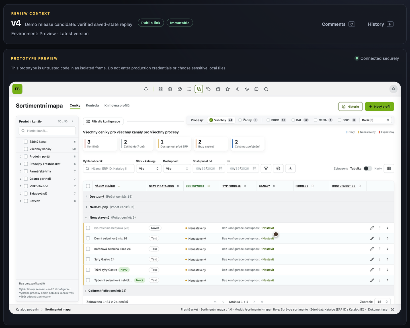HiFiveUI review workspace showing the Grocery prototype with review controls and version history