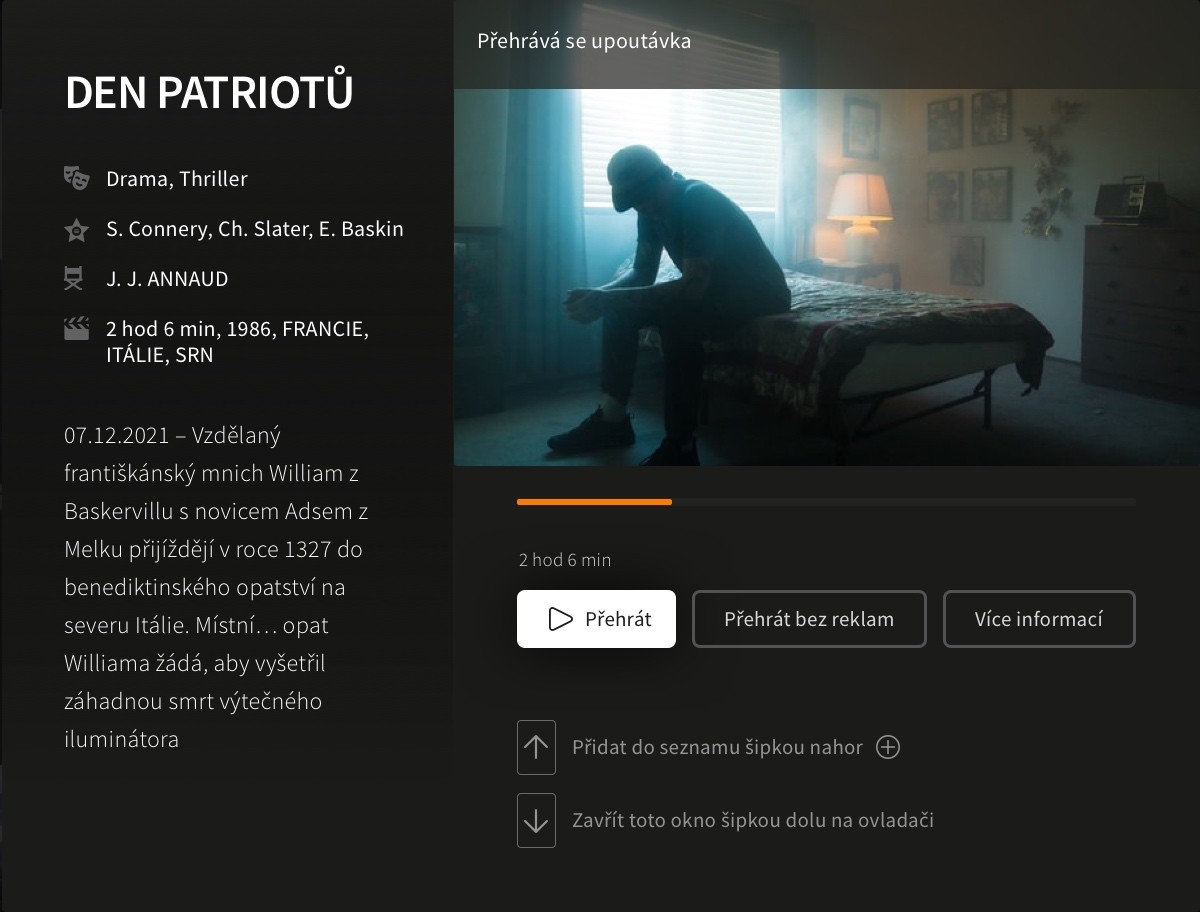 Prima TV programme detail with playback and remote-control hints